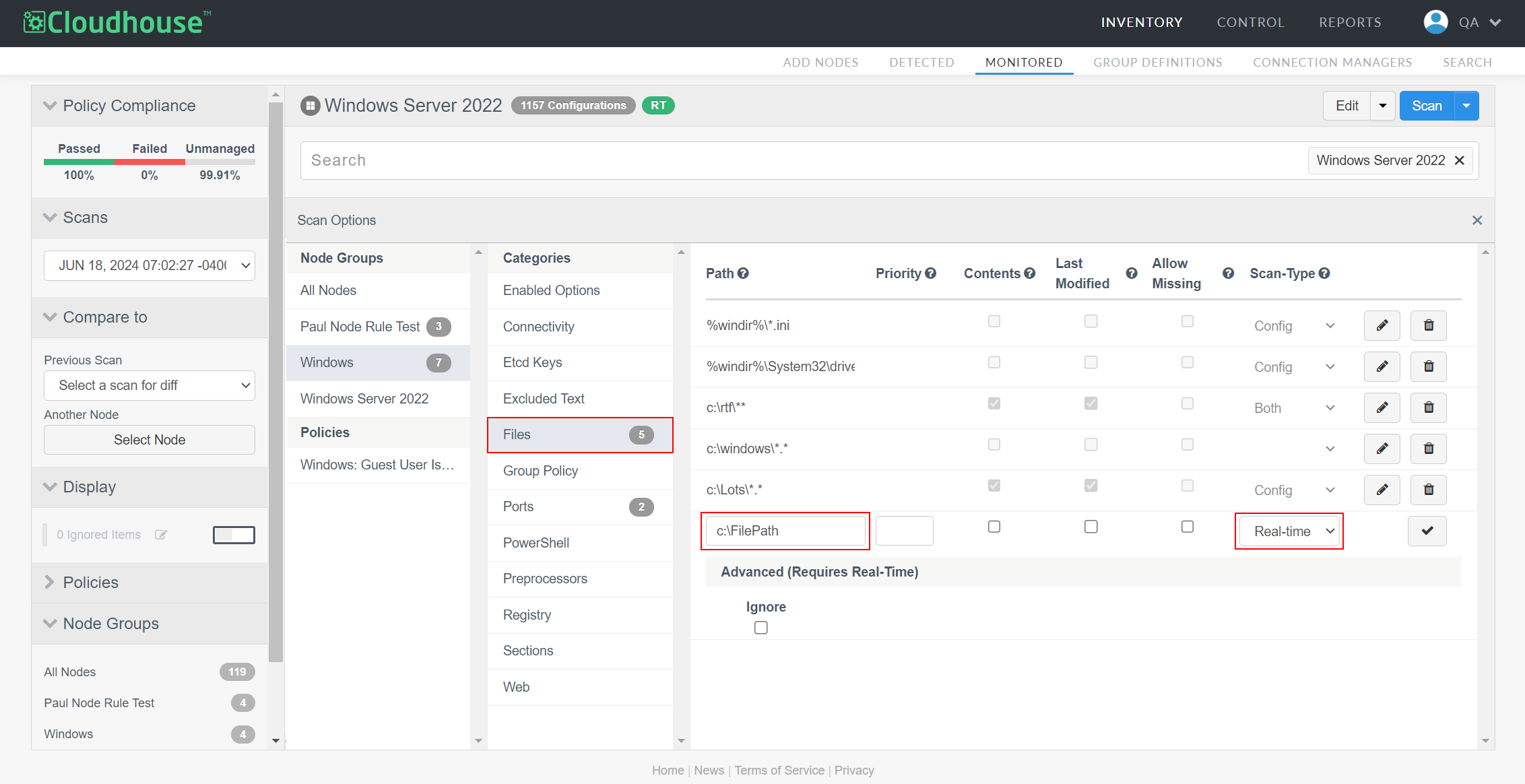Screenshot of the Scan Options page with highlights around the Files tab, the Path field, and the Scan-Type drop-down.