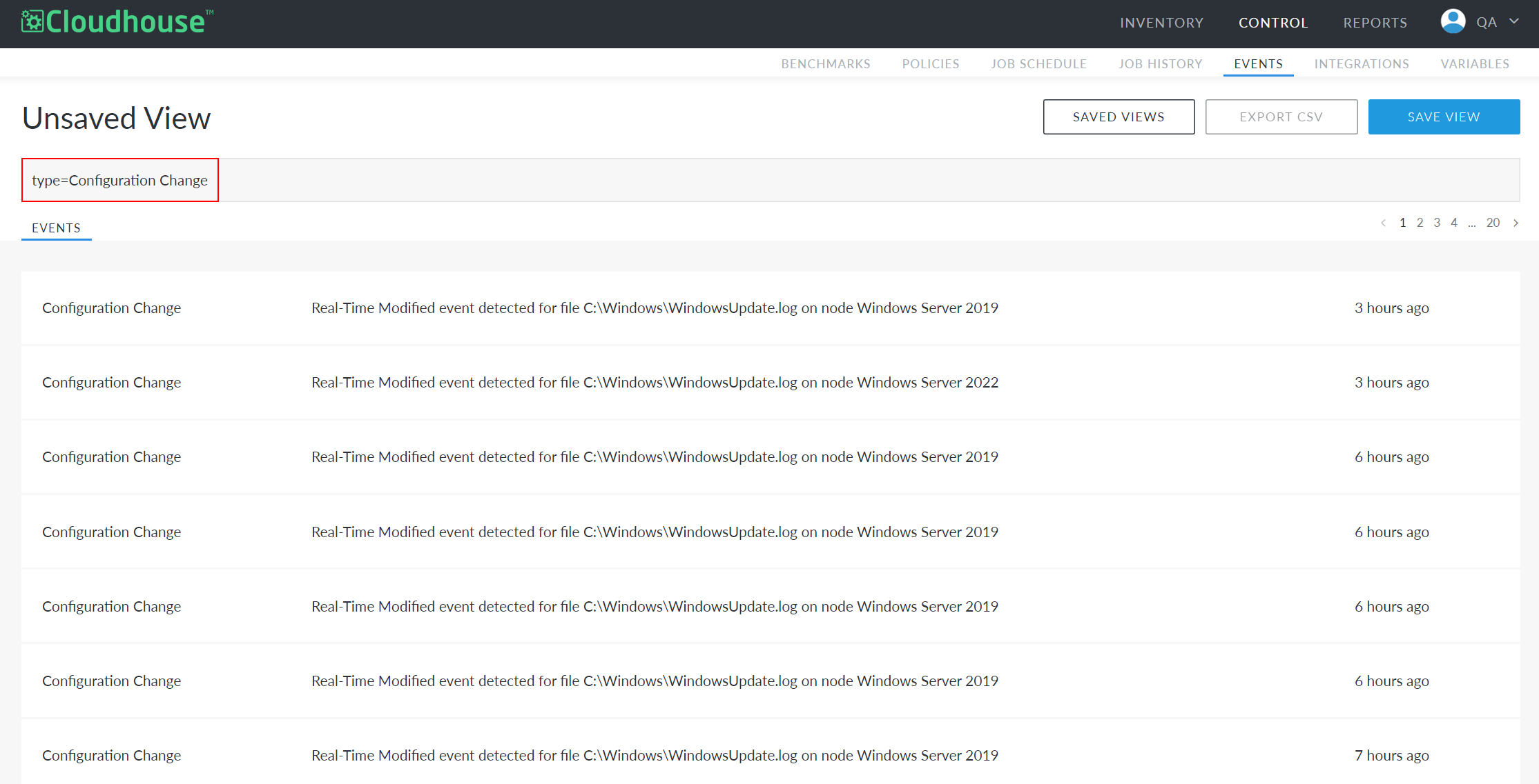Screenshot of the Guardian Events page with 'type=Configuration Change' entered into the search box.
