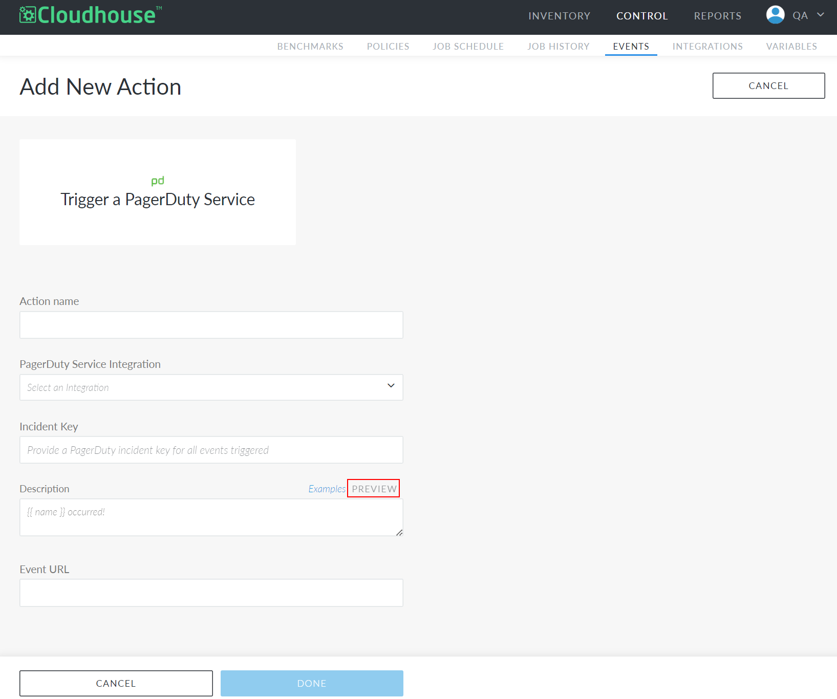 Screenshot showing the Add Action page for triggering a PagerDuty service with a border around the message Preview button.