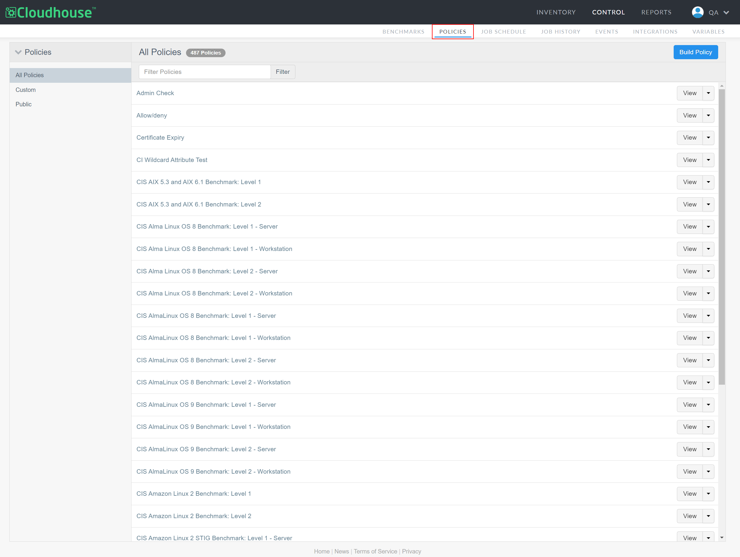 Screenshot of the policies tab, with 'All Policies' selected and displayed.