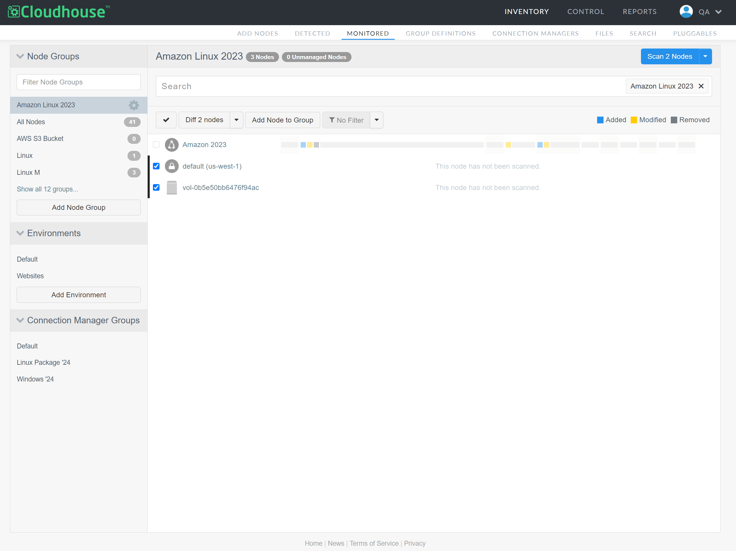 Screenshot of the Monitored tab, the upgraded nodes are displayed in the Amazon Linux 2023 node group. The message 'This node has not been scanned' is displayed. The check boxes of the two nodes have been selected.