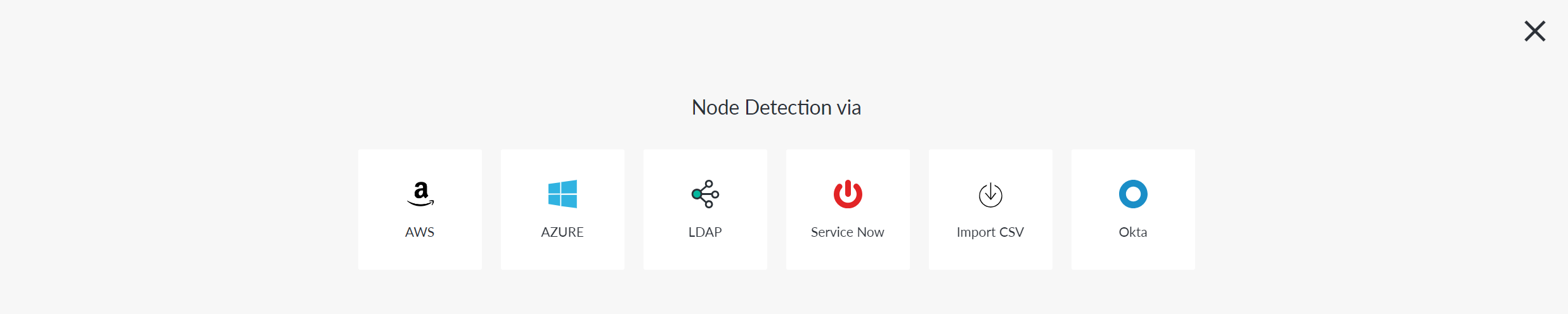 Screenshot of the Node Detection via page. Six option buttons are displayed with their corresponding product icons.