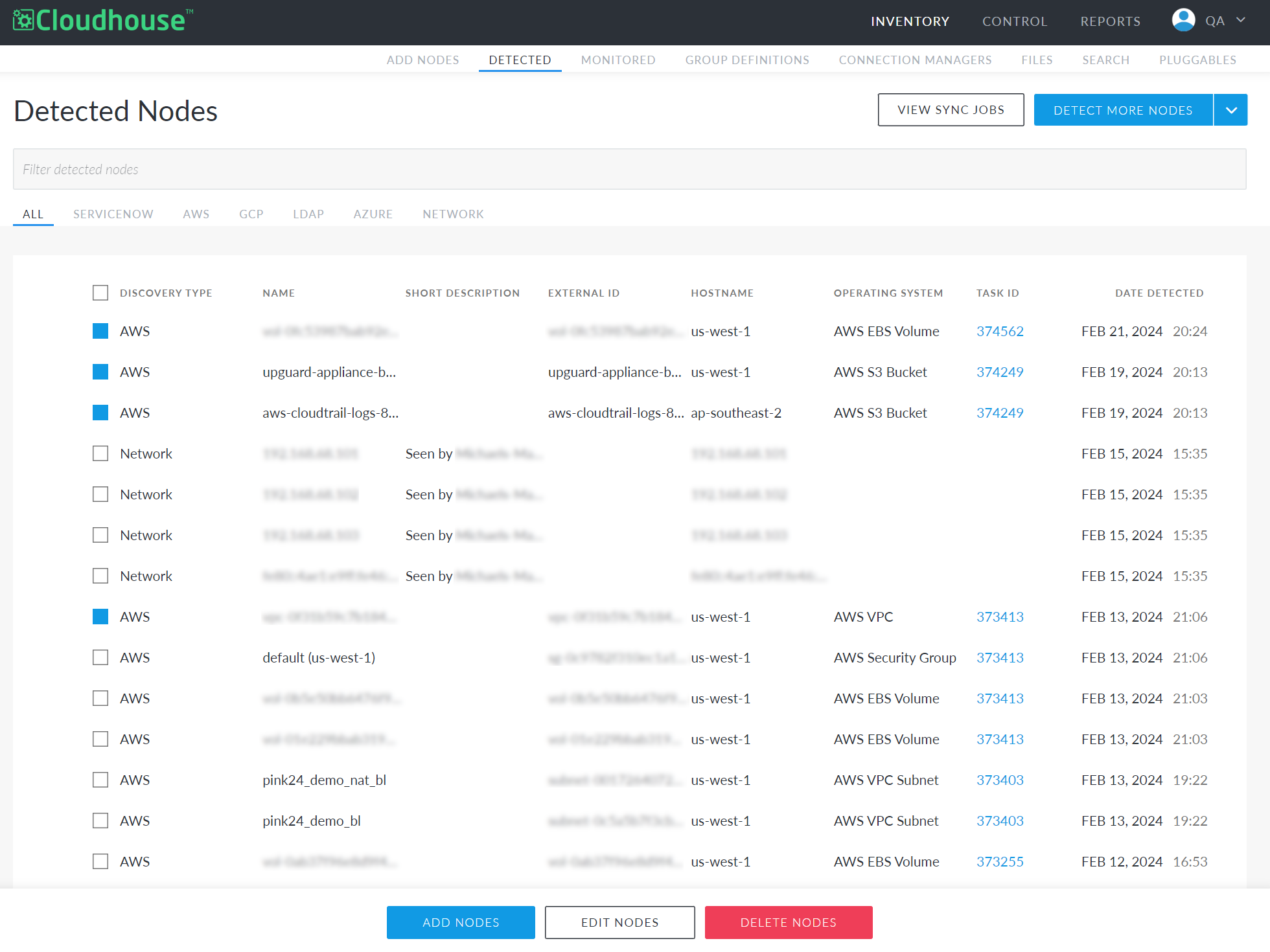 Screenshot of the Detected tab with three nodes selected. Three additional buttons are displayed: 'Add Nodes', 'Edit Nodes', 'Delete Nodes'.