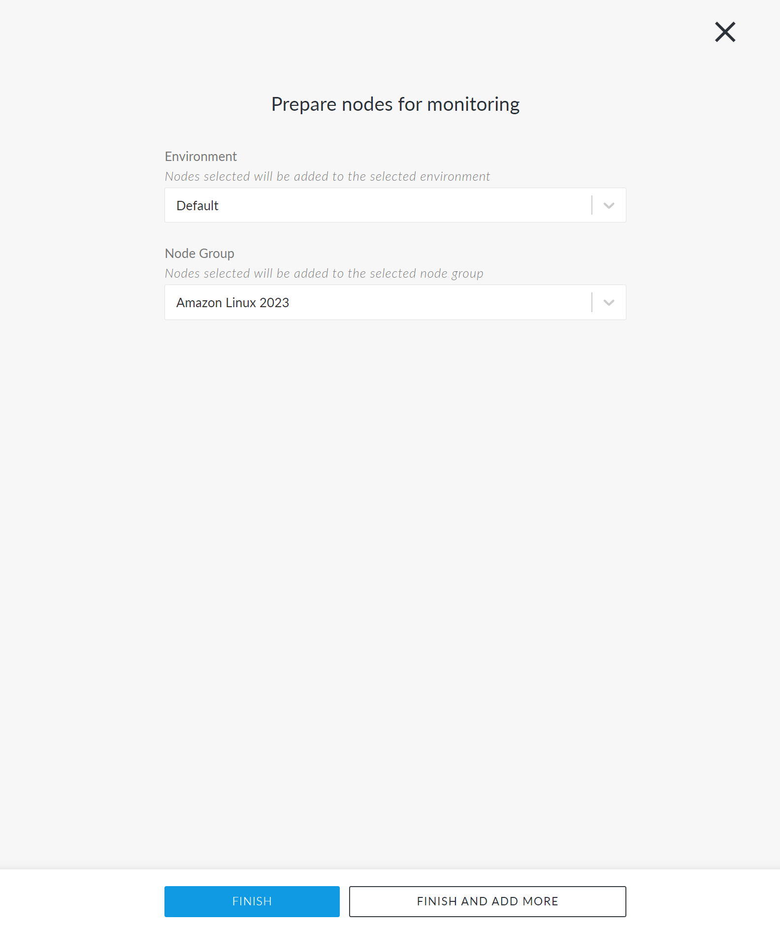 Screenshot of the Prepare nodes for monitoring page. Here, the Environment drop-down list and the Node Group drop-down list is displayed. The 'Default' environment and 'Amazon Linux 2023' node group has been selected.