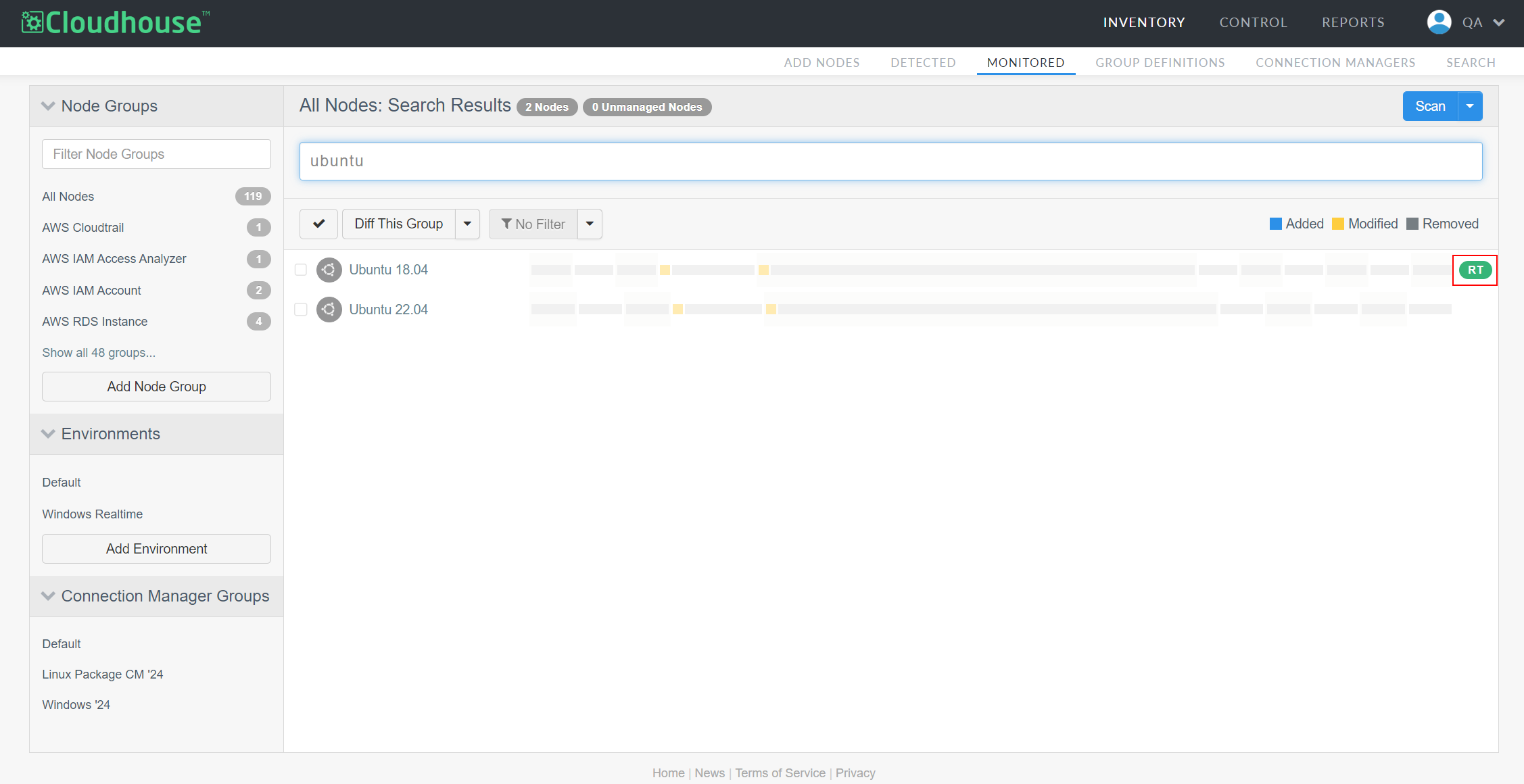Screenshot of the Guardian Monitored tab including the "RT" icon beside a node with the real-time forwarder installed.