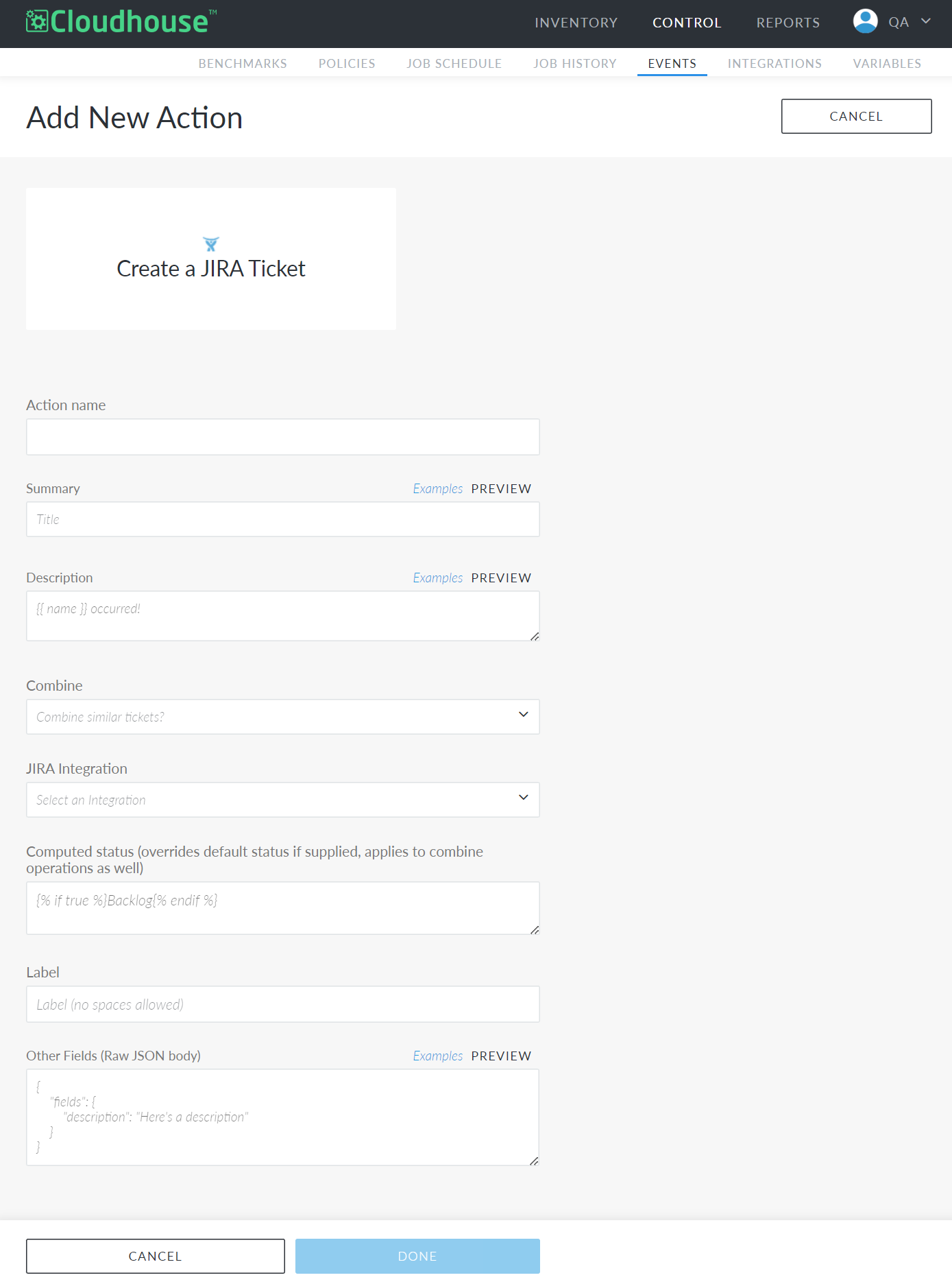 Screenshot showing the Add Action page in Guardian for creating a Jira Ticket